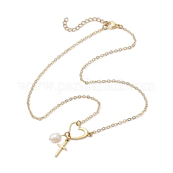 2 pz 2 colori acciaio inossidabile e ABS imitazione perla cuore croce collane per le donne&nbsp;NJEW-JN05201