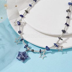 Natürliche blaue Punkt-Jaspis- und Legierungs-Sternanhänger-Latzhalskette mit Chips-Perlenketten&nbsp;NJEW-JN04512-01
