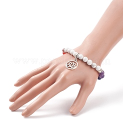 Bracelet extensible en howlite naturelle et pierres précieuses mélangées avec breloques en alliage de lotus&nbsp;BJEW-TA00134-04