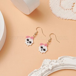 Teschio intrecciato di semi di vetro con orecchini pendenti a fiore&nbsp;EJEW-MZ00023-02