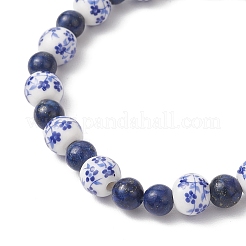 Bracelets extensibles en porcelaine imprimée de fleurs faites à la main et en perles de lapis-lazuli naturelles teintes pour hommes et femmes&nbsp;BJEW-JB12101