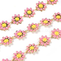 Golden Brass Enamel Link Chain, Long-Lasting Plated, with Spool, Unwelded, Daisy, Hot Pink, 13.5x10x1.5mm, 32.8 Feet(10m)/roll