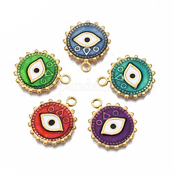 304 Stainless Steel Pendants, with Enamel, Flat Round with Eye, Golden, Mixed Color, 21x18x1.5mm, Hole: 2mm