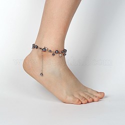Glass Pearl Beads Anklets, with Iron Chains and Brass Lobster Claw Clasps, Platinum, Gray, 220~230mm