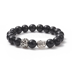 Perles naturelles obsidienne étirer bracelets, avec les accessoires en alliage, tête ronde et bouddha, Emballage en toile de jute, argent antique, 2-1/4 pouce (5.6 cm), sac: 12x8.5x3cm