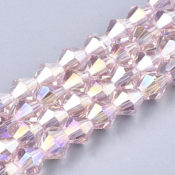 Abalorios de vidrio electroplate hebras, color de ab chapado, facetados, bicono, rosa perla, 7.5~8x7.5~8mm, agujero: 1.5 mm, aproximamente 40 pcs / cadena, 11.81 pulgada