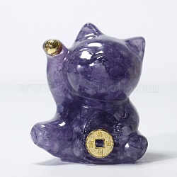 Natural Amethyst Chip & Resin Craft Display Decorations, Lucky Cat Figurine, for Home Feng Shui Ornament, 63x55x45mm