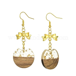 Resin & Walnut Wood Dangle Earrings, Golden Alloy Bowknot Long Drop Earrings, Flat Round, 63x24.5mm