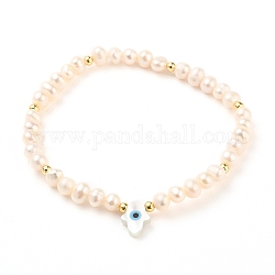 Bracciali elasticizzati con perle di perle naturali, con perline in ottone, perle di conchiglia bianco naturale e turchese sintetico, mano hamsa con malocchio, colore conchiglia, diametro interno: 2-1/2 pollice (6.5 cm)