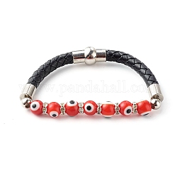 Bracelets de perles de mauvais œil faits à la main, avec cordon en cuir de vachette, perles d'espacement en laiton strass et fermoir magnétique, rouge, 7-1/2 pouce (19 cm)