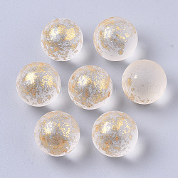 Perles de verre dépoli peintes à la bombe transparente, avec une feuille d'or, pas de trous / non percés, ronde, blanc crème, 14mm