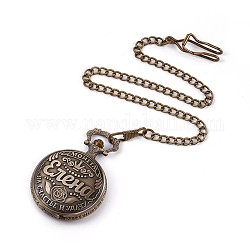 Alloy Quartz Pocket Watches, with Iron Chains, Flat Round with Word, Antique Bronze, 16.7 inch(42.5cm)