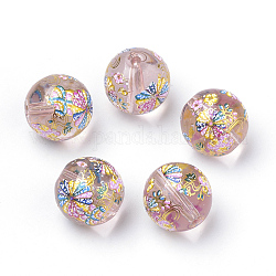Printed Glass Beads, Round with Flower Pattern, Pink, 11~12x11mm, Hole: 1.5mm