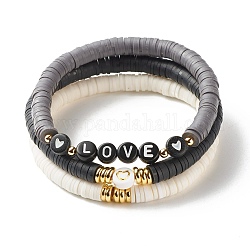 Set di braccialetti elastici con perline cuore d'amore per donna, bracciali sufer con perline heishi in argilla polimerica, oro, colore misto, diametro interno: 2~2-3/8 pollice (5.1~5.9 cm), 3 pc / set