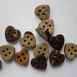 Резные 4-луночное основные пришивания пуговиц в форме сердца, Кокосовые Пуговицы, многоцветный, длиной около 12 мм , шириной 11 мм 