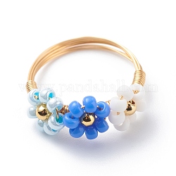 Anneaux de doigt de fleur de perle tressée de graine de verre, bijoux en fil de cuivre plaqué or pour femme, bleu royal, nous taille 8 1/2 (18.5mm)