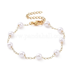 Pulseras redondas de cuentas de perlas de imitación de plástico, con chapado al vacío 304 cadenas de freno de acero inoxidable, blanco, dorado, 7-1/8 pulgada (18 cm)
