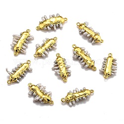 Natural Pearl Links connectors, with Brass Findings, Bar, Golden, 26.5~40x17.5~25x4~6mm, Hole: 1.5mm