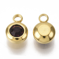 Charms de rhinestone, encantos de piedra natal de febrero, con 201 de acero inoxidable, plano y redondo, dorado, amatista, 9x6.5x4mm, agujero: 1.8 mm