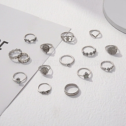 15pcs 15 stile fiore e mano di hamsa e anelli di barretta ovali e incrociati in lega, anelli impilabili per le donne, platino, diametro interno: 16~18mm, 1pc / style