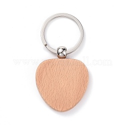 Porte-clés en bois naturel, avec porte-clés fendus en fer plaqué platine, cœur, burlywood, 7.6 cm, cœur: 48.5x39x7 mm