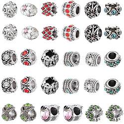 SUNNYCLUE Antique Silver Plated Alloy European Beads, Large Hole Beads, with Rhinestone, Mixed Shapes, Mixed Color, 30pcs/box