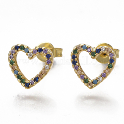 Brass Micro Pave Cubic Zirconia(Random Mixed Color) Ear Studs, with Ear Nuts, Heart, Golden, 9x9.5mm, Pin: 0.7mm