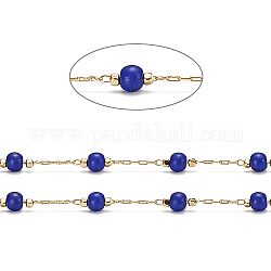 3.28 Feet Handmade Brass Cable Chains, with Dyed Synthetic Turquoise Beads, Soldered, Long-Lasting Plated, Round, Real 18K Gold Plated, Blue, 2x1x0.3mm