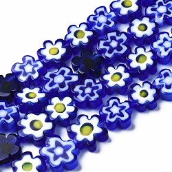 Chapelets de perle de millefiori en verre manuelles, fleur, bleu, 7.5~9x3mm, Trou: 1mm, Environ 55~57 pcs/chapelet, 15.55 pouce ~ 15.94 pouces (39.5 cm ~ 40.5 cm)