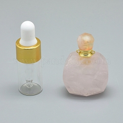Подвески флаконы для духов из натурального розового кварца, с латунными находками и стеклянными бутылками с эфирным маслом, 39~50x26~29x16~21 мм, отверстие : 1.2 мм, Емкость стеклянной бутылки: 3 мл (0.101 жидких унции), Емкость драгоценного камня: 1 мл (0.03 жидких унции)