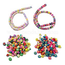 3 styles de perles d'argile polymère faites à la main, Disque heishi perles & fleur avec visage souriant & perles thème fruits, couleur mixte, 9.5~10x4.5mm, Trou: 1.2mm