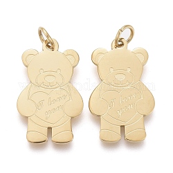 Valentine's Day Ion Plating(IP) 304 Stainless Steel Pendants, with Jump Ring, Laser Cut, Bear with Word I Love You, Golden, 17x10x0.8mm, Jump Ring: 4x0.6mm, 2.8mm Inner Diameter