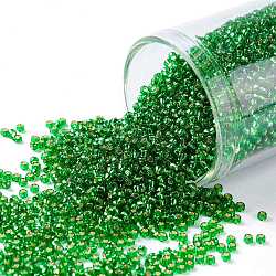 Toho perles de rocaille rondes, Perles de rocaille japonais, (27b) vert gazon doublé d'argent, 15/0, 1.5mm, Trou: 0.7mm, à propos 3000pcs / bouteille, 10 g / bouteille