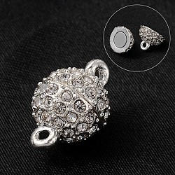 Round Alloy Rhinestone Magnetic Clasps with Loops, Silver Color Plated, 16x10mm, Hole: 1mm