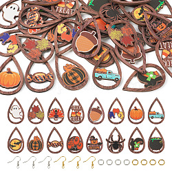 Kit de fabrication de boucles d'oreilles bricolage halloween, y compris citrouille & fantôme & chauve-souris & araignée bois gros pendentifs, crochets et anneaux de saut en laiton, couleur mixte, 192 pcs / boîte