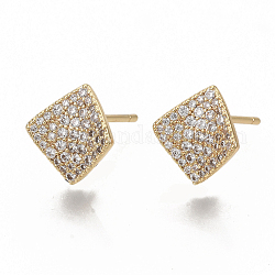 Brass Micro Pave Clear Cubic Zirconia Stud Earring Findings, with Loop, Nickel Free, Real 18K Gold Plated, Rhombus, 11x10.5mm, Hole: 1mm, Pin: 0.9mm