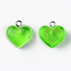 Colgantes de resina transparente, Con aro de hierro en tono platino, corazón, verde lima, 16.5x17x9.5mm, agujero: 1.8 mm