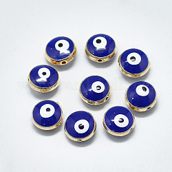 Alloy Enamel Beads, Flat Round with Evil Eye, Light Gold, Blue, 10x6mm, Hole: 1.2mm