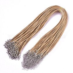 Coton ciré création de collier cordon, avec des fermoirs en alliage pince de homard et chaînes embouts de fer, platine, Pérou, 44~48 cm, 1.5mm