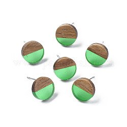 Серьги-гвоздики из прозрачной смолы и ореха, с 316 штифтов из нержавеющей стали, плоско-круглые, средний весенний зеленый, 10 мм, штифты : 0.7 мм