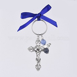 Porte-clé croix crucifix, avec des pendentifs en alliage de style tibétain, 316 porte-clés fendu en acier inoxydable chirurgical et perles de sodalite naturelle, Ruban satin, pour Pâques, bleu foncé, 80mm