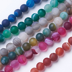 Natural Grade A Striped Agate/Banded Agate Beads Strands, Dyed & Heated, Frosted, Round, Mixed Color, 8~8.5mm, Hole: 1.2mm, about 39pcs/strand, 14.56 inch(37cm)