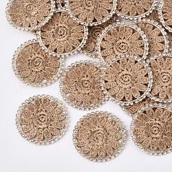 Décorations en polyester, avec strass et les accessoires en laiton, plat et circulaire avec fleur, or clair, Pérou, 36x2mm