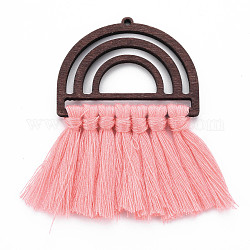 Polycotton(Polyester Cotton) Tassel Big Pendants, Unfinished Wood Semi Circle Earrings, for DIY Macrame Earrings, Hot Pink, 76x50x5mm, Hole: 2mm