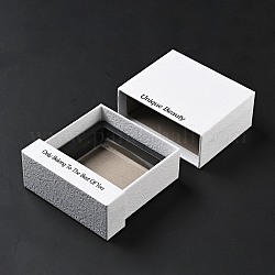 Cardboard Paper Jewelry Gift Drawer Boxes, with Square Plastic & PE FILM Floating Jewelry Display Cases, Rectangle with Word, White, 10.7x10.35x4.25cm