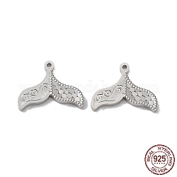 Rhodium Plated 925 Sterling Silver Charms, Fishtail with Polka Dot Charm, Textured, Real Platinum Plated, 10x13x1.2mm, Hole: 0.9mm