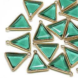 Glass Pendants, with Golden Tone Brass Findings, Faceted, Triangle, Dark Cyan, 21.5x18x4.5mm, Hole: 1.5~2mm