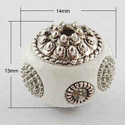 Handmade Indonesia Beads, with Alloy Cores, Round, Antique Silver, Floral White, 13x14x14mm, Hole: 2mm