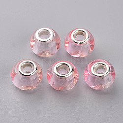 Abalorios europeas de vidrio, Abalorios de grande agujero, con núcleos dobles latón tono plata, rerondana plana, rosa, 14.5x11.5mm, agujero: 5 mm