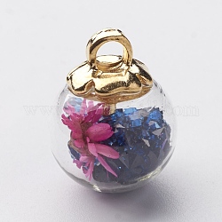 Стеклянный шар подвески, с пластиковыми выводами ccb, случайный высушенный цветок и горный хрусталь, темно-синий, 23.5x18.5 мм, отверстие : 3.5 мм